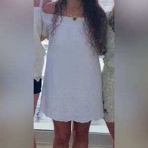 White off-the-shoulder shift dress